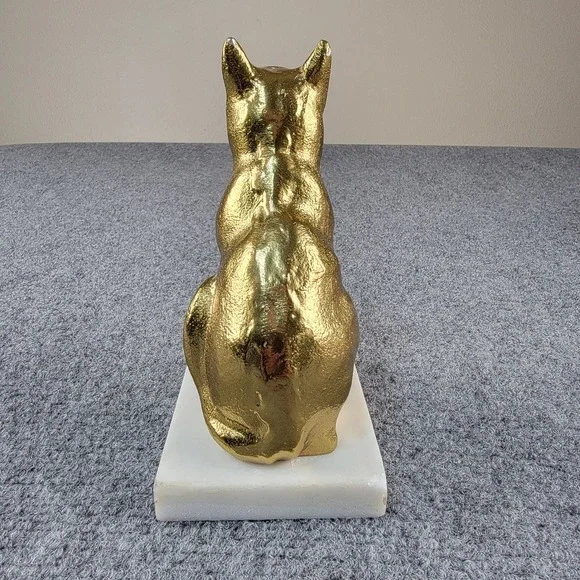 Vintage 6" Gold Textured Cat Figurine Statue on White Marble Base Bookend Decor - Picture 11 of 16